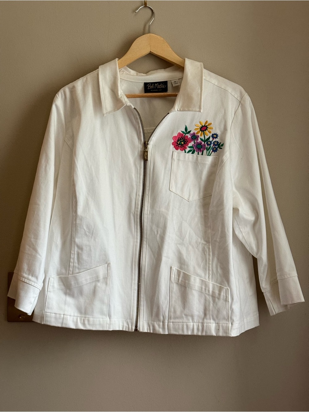 Bob Mackie White Zip-Front Jacket with Colorful Floral Embroidery
